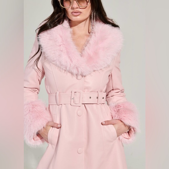 NWT AKIRA light Pink Fur-Trimmed belted faux leather trench Coat size M - Picture 7 of 7